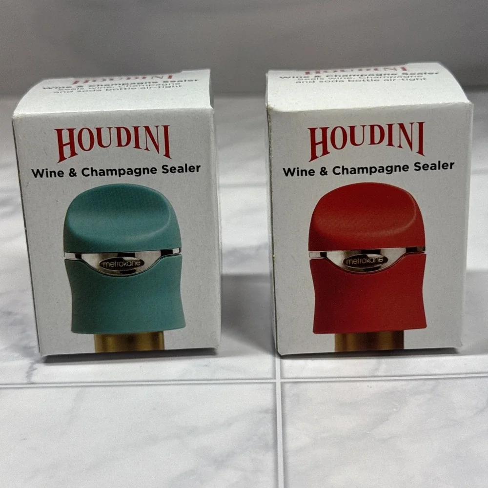 Houdini Metrokane Wine & Champagne Sealer Set of 2 Red & Teal New In Box